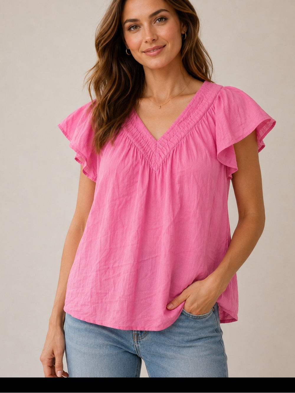 LUCKY BRAND Size Medium Pink Cotton Gauze Flutter Sleeve V-Neck Blouse Top Sz M